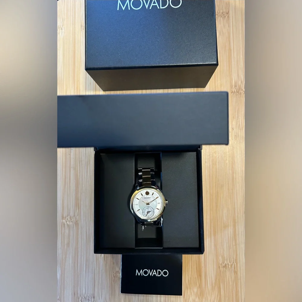Movado Ballina Watch With 39mm White Pearl Face & 2 Tone Bracelet